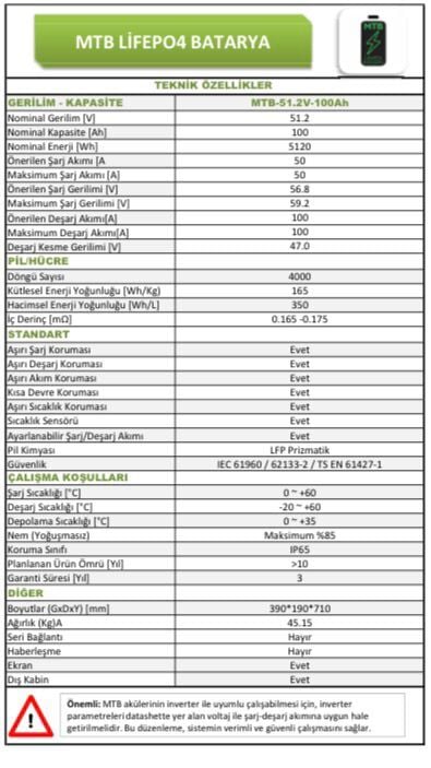 MTB 51.2 VOLT 100 AMPER LİTYUM BATARYA