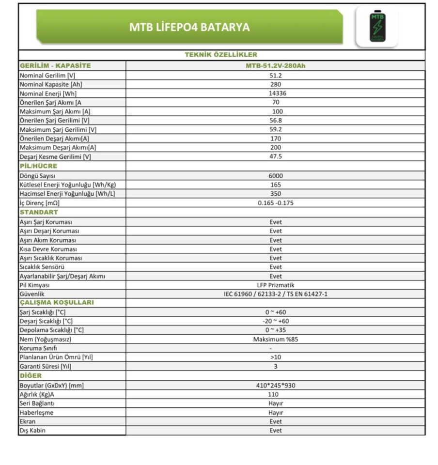 MTB 51.2 VOLT 280 AMPER LİTYUM AKÜ