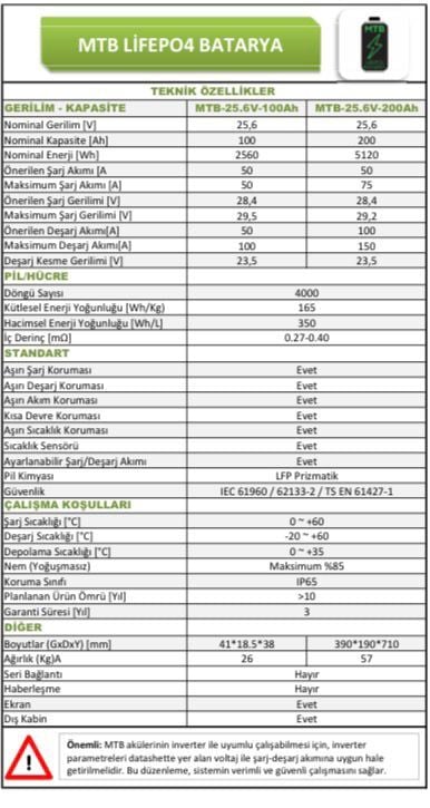 MTB 25.6 VOLT 100 AMPER LİTYUM AKÜ